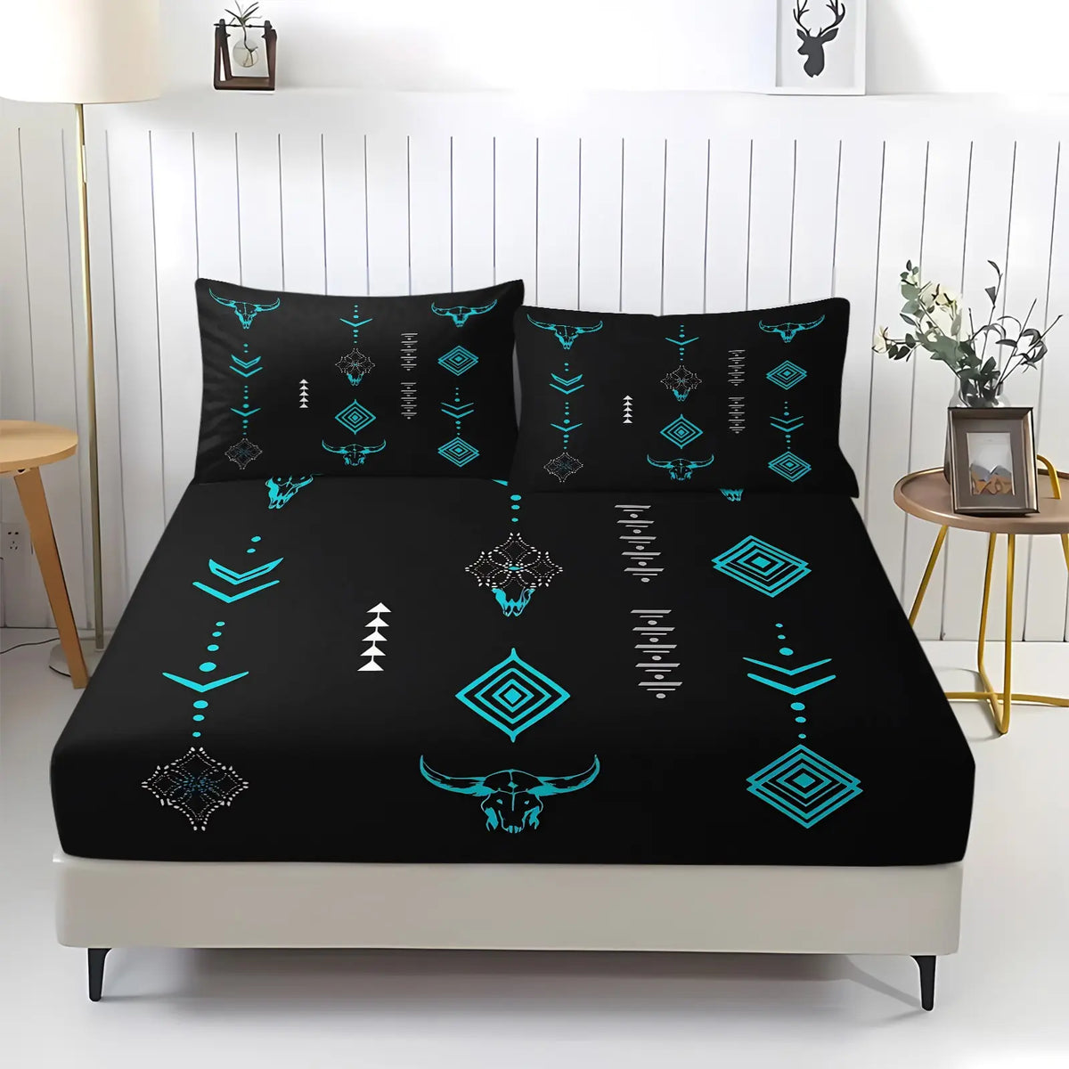Western Cow Skull Geometric Print Fitted Sheet Set Soft Microfiber Bed Sheets Set 1 Fitted Sheet & 2 Pillowcase No Filling Rustic Farmhouse Decor For Bedroom Dorm Guest Room All Season Comfy Bedding Sets Bedsheet Set