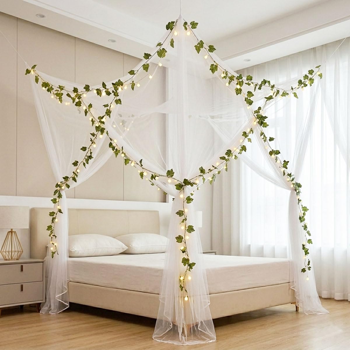 Akiky Bed Canopy with Lights Vines Canopy Bed Curtains Bed Mosquito net for Patio Indoor Outdoor Net Artificial Plant Leaves Decoration(White,King)