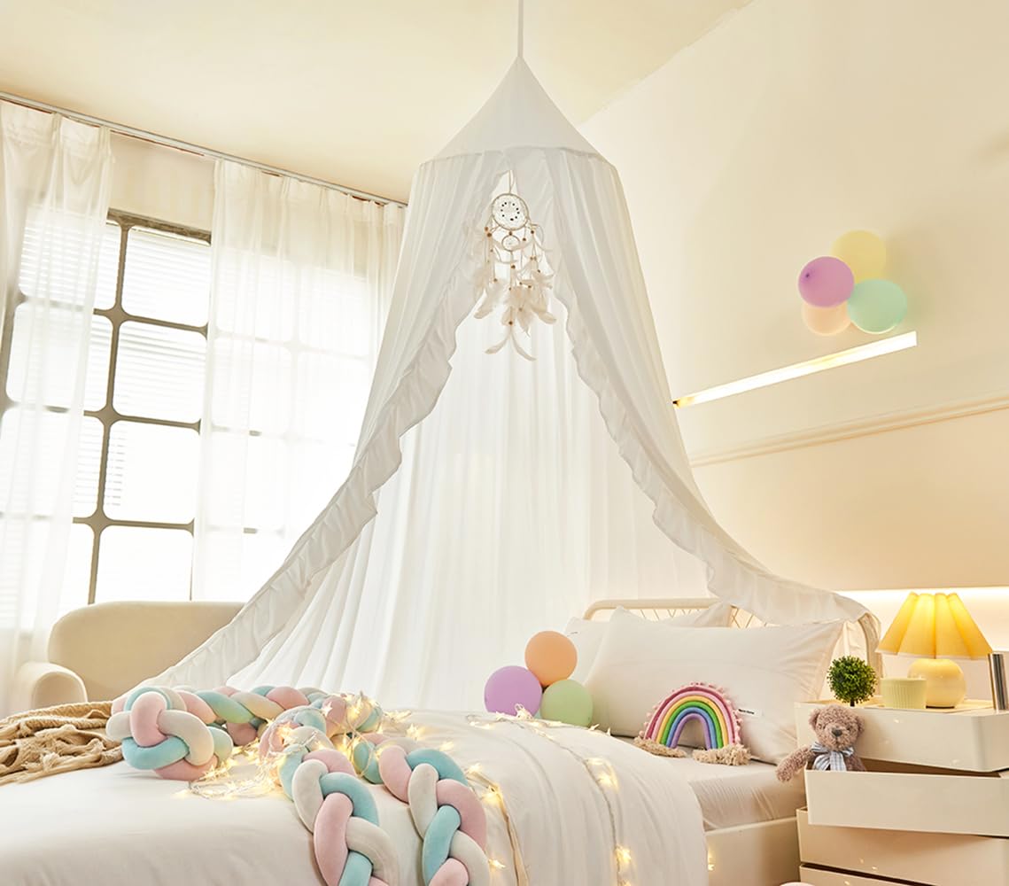 Mengersi Bed Canopy for Girls Kids,Double Canopy Bed Curtains Round Dome Mosquito Net Castle Play Tent Castle for Girls Room Decor (Ivory/Double)