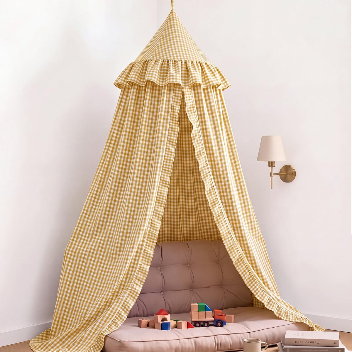 SmoothNovelty Gingham Plaid Bed Canopy, Brown White, Round