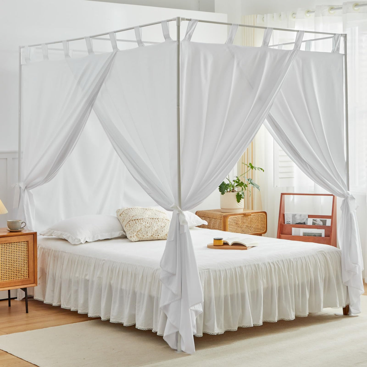 AIKASY White Canopy Bed Curtains with Top Ties and Tie Backs for Bedroom Decoration (Twin, Camel)