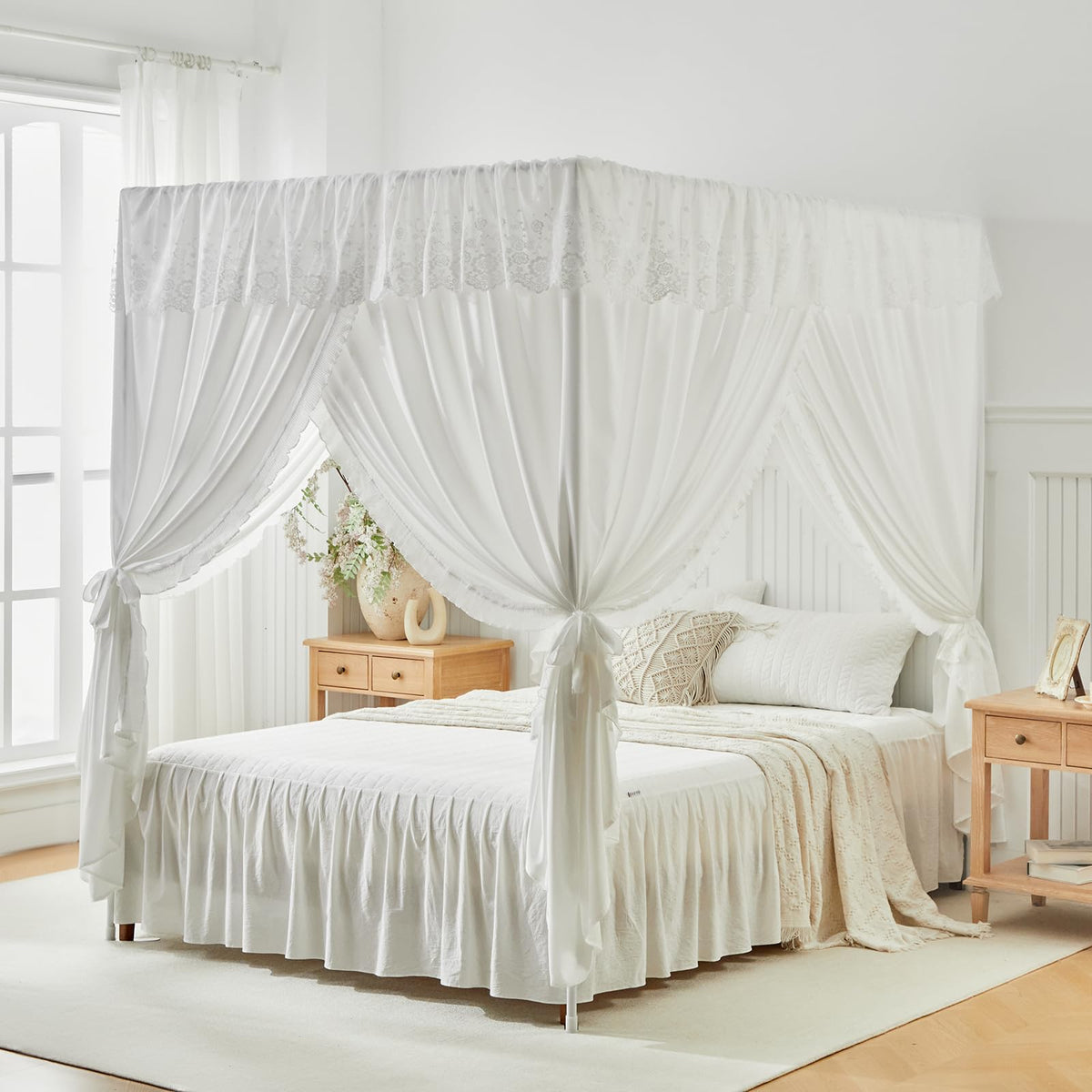 Canopy Bed Curtains - 4 Corners Post Ruffle Lace Princess Bed Canopy Elegant Cozy Drape Netting 4 Opening Mosquito Net for Bedroom Chic Privacy Decoration - Easy Installation Queen Cream White