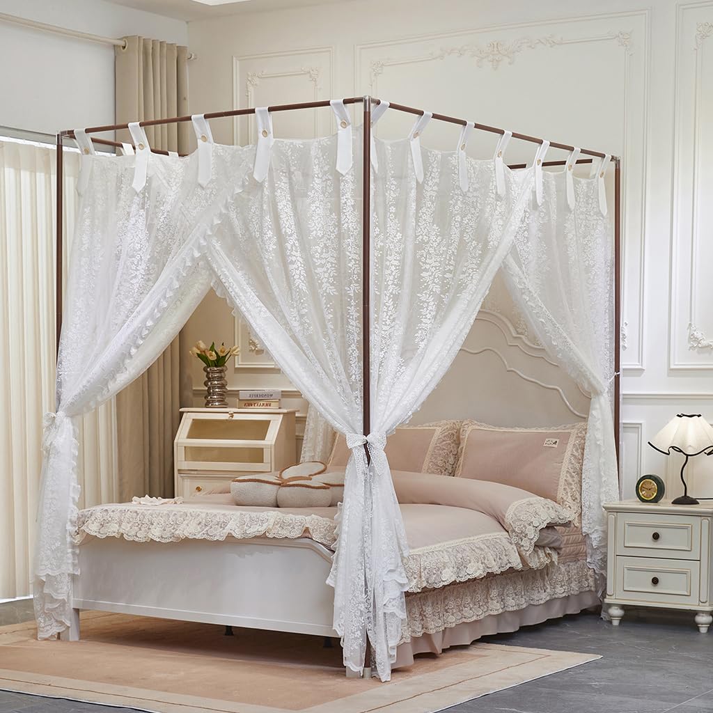 Elegant Lace Princess 4 Corner Post Mosquito Net Romantic for Girls Women Bed Curtain Canopy for Adults Wedding Bedroom Kids Rooms Decoration (Coffee-2, Full)