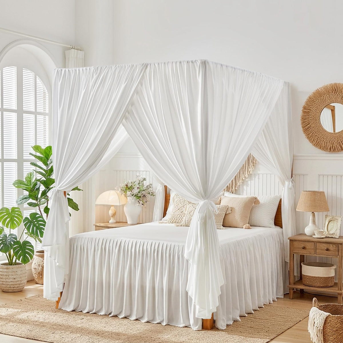 Canopy Bed Curtains - 4 Corners Post Ruffle Princess Bed Canopy Elegant Cozy Drape Netting 4 Opening Mosquito Net for Bedroom Chic Beautiful Privacy Decoration - Easy Installation Queen White