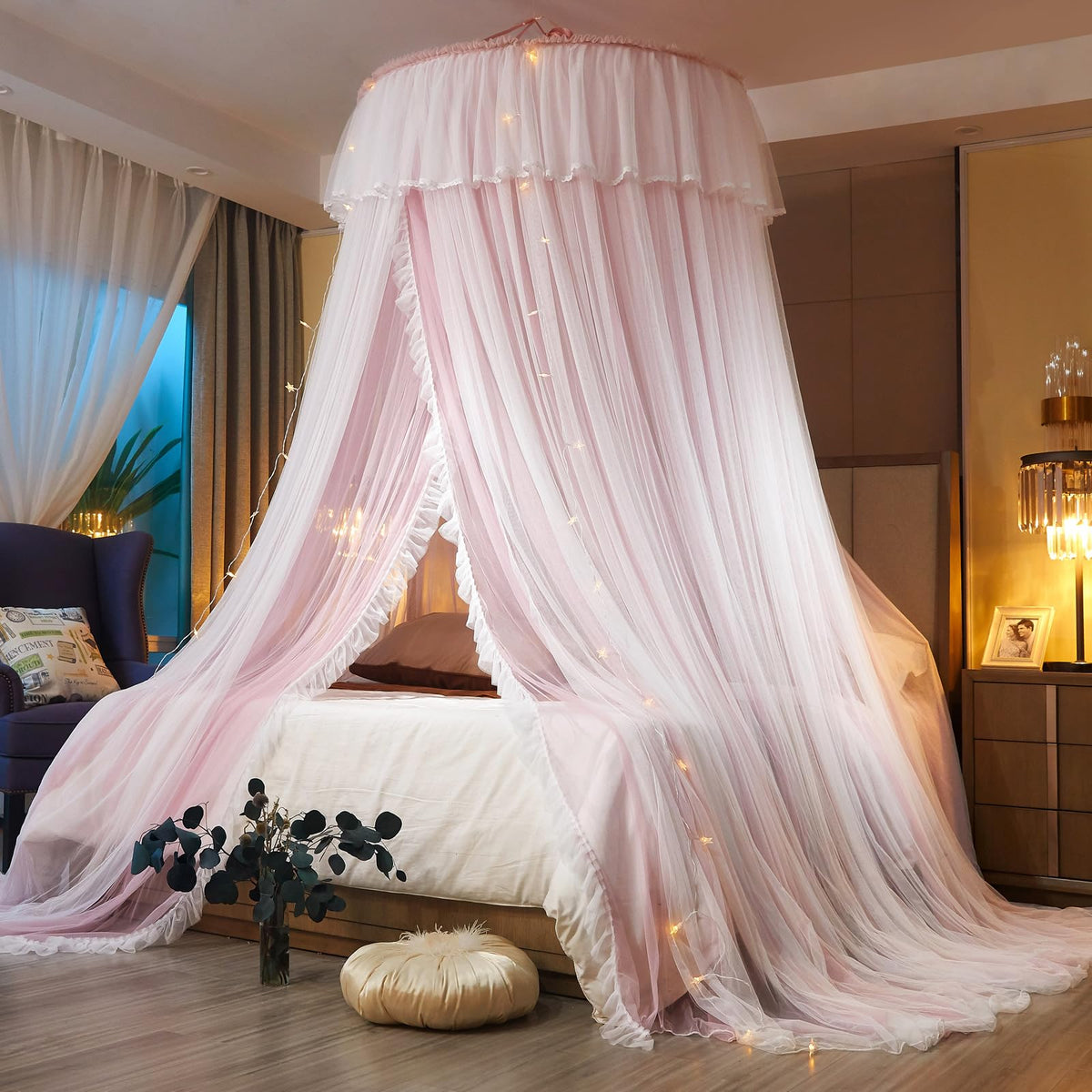 AIKASY Princess Bed Canopy for Girls & Adults, Elegant Double-Layer Bed Curtain, Children's Dream Round Lace Mosquito Net, Princess Canopy Net - Fits Twin, Full, Queen, and King Beds (Light Gray)