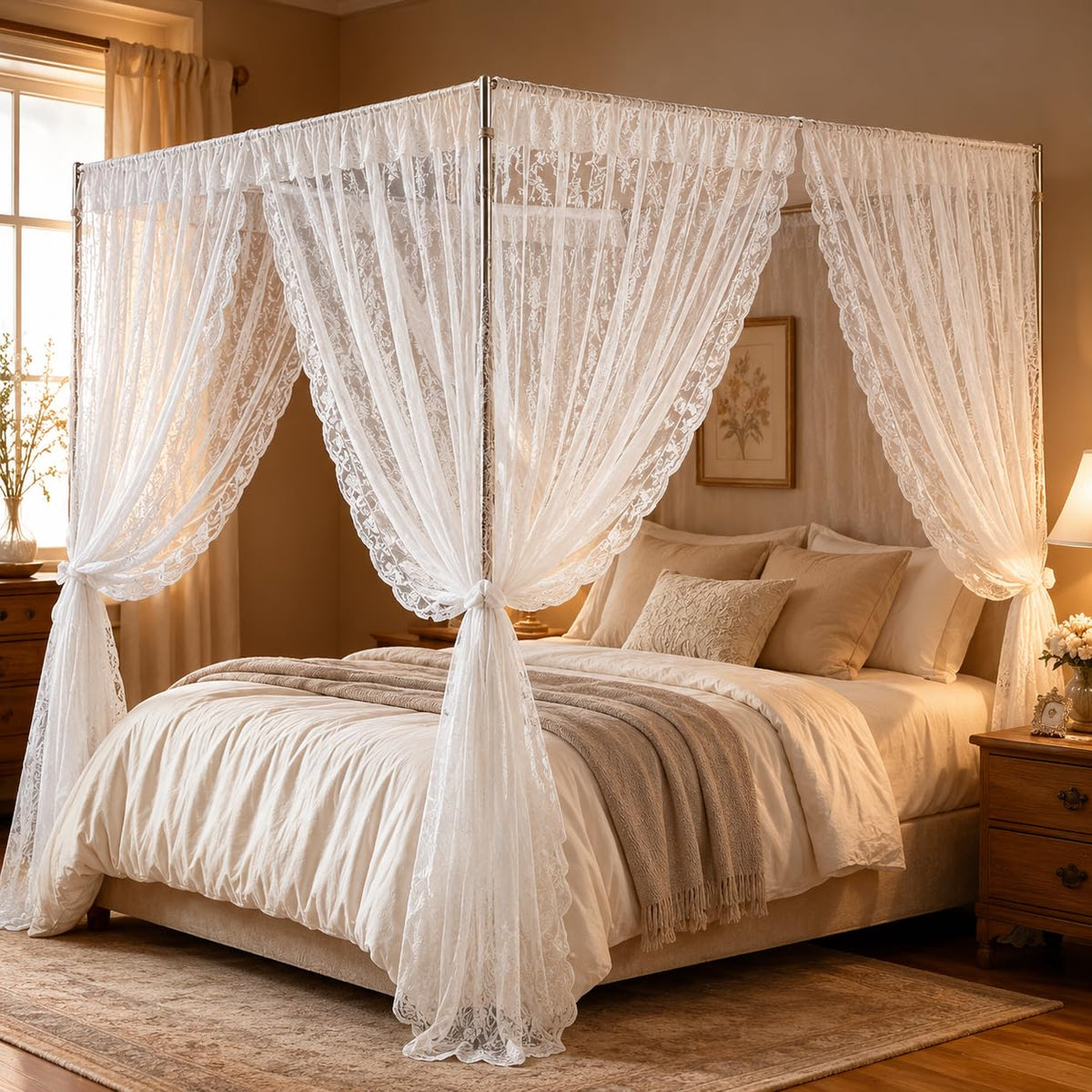Lace Canopy Bed Curtains Set, 4 Corner Double Layer Mosquito Net (White)