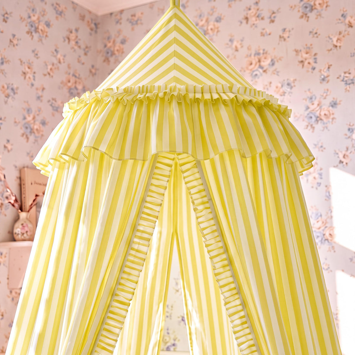 SmoothNovelty Oatmeal Striped Bed Canopy with Ruffles