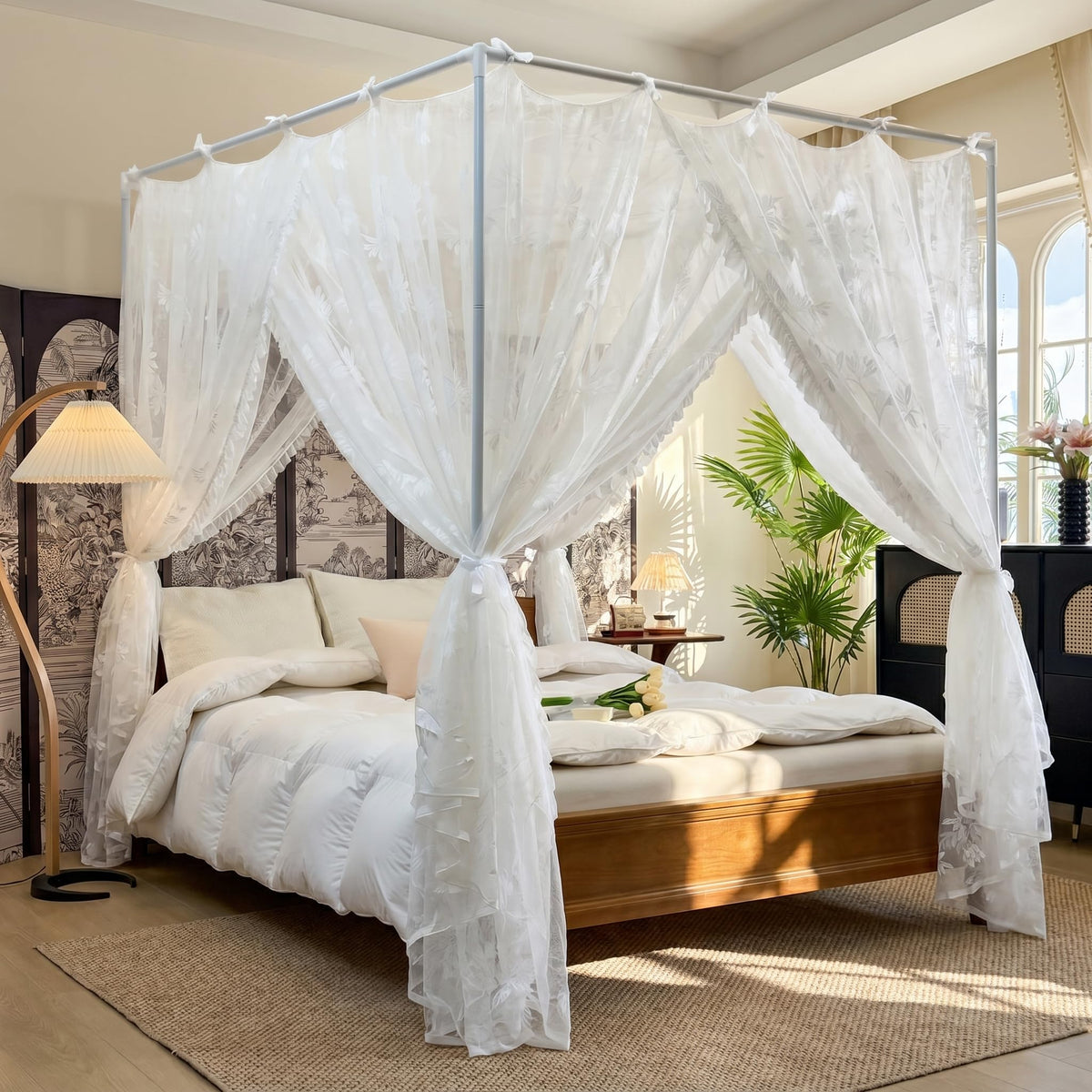 AIKASY Bed Canopy Mosquito Net for 4 Corner Post Beds, Twin Size Lace Bed Curtain with Hanging Ribbons and Floral Embroidery, Sheer Netting for Girls and Adults/White