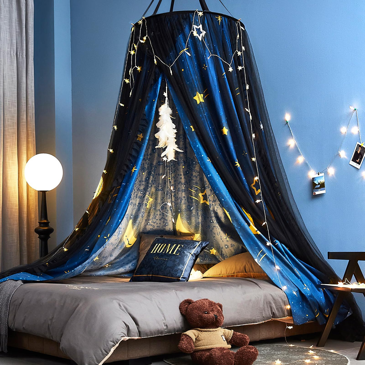 Kertnic Gorgeous Moon Printed Printed Bed Canopy for Girls & Adults, Room Decorative Cozy Bed Curtain Canopy Drapes, Round Dome Luxurious Lace Princess Canopies Mosquito Netting (Print Moon)