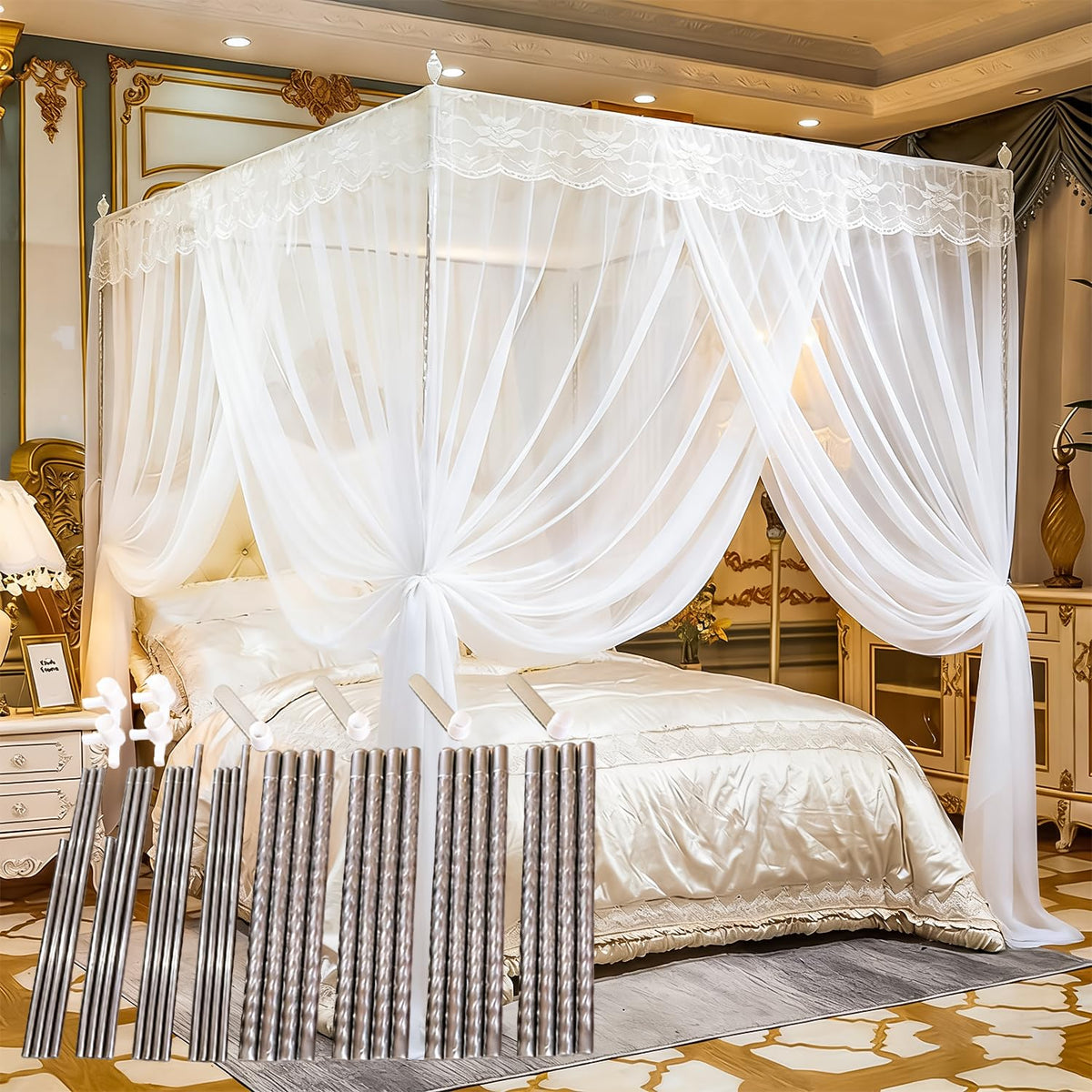 3‑Side Opening Mosquito Net Canopy with Frame, Lace Breathable Bed Curtain