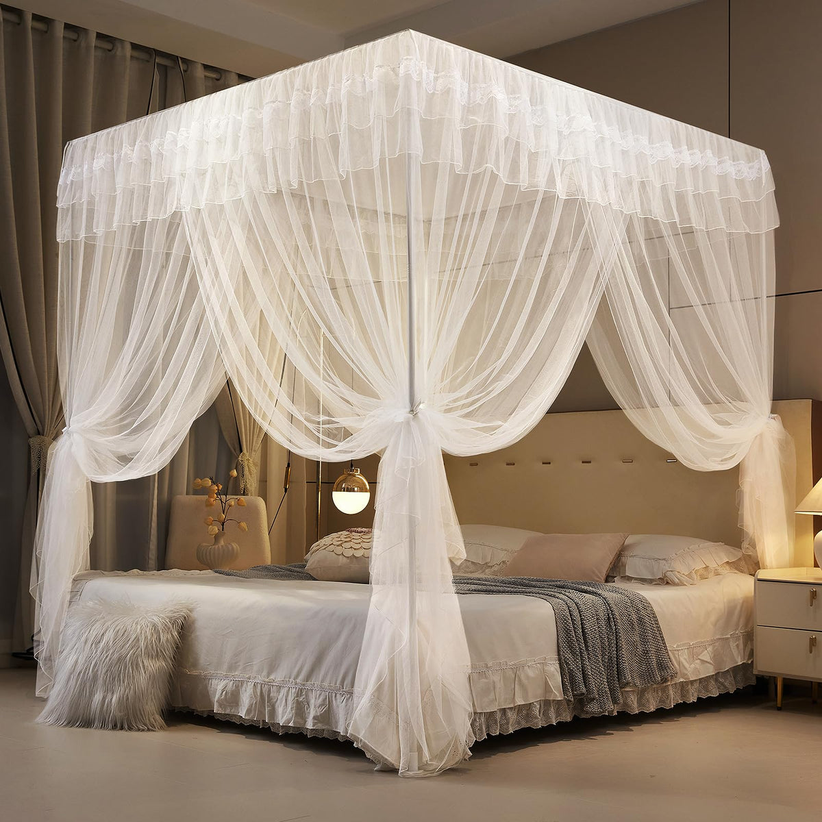 Kertnic Black Canopy Bed Curtains for Girls & Adults, Queen King Bed Canopy Drapes Netting, Practical Mosquito Net for Bed (Black, King- 86" W*78" L*82" H)