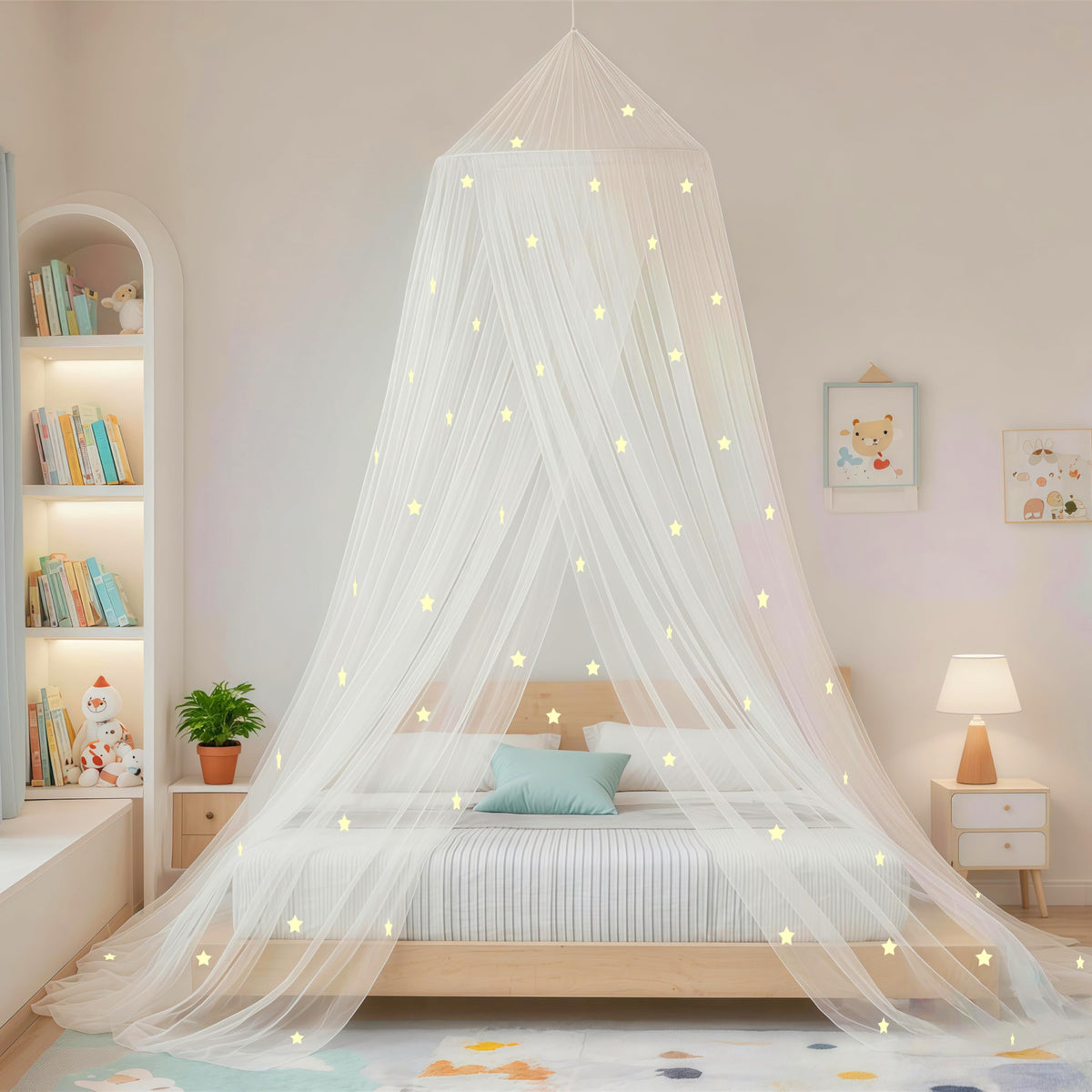 Bed Canopy for Girls Mosquito Net, Princess Bed Canopy for Girls Room Decor - Insect Protection Hanging Canopy for Indoor(Pink,Stars Glow in the Dark)