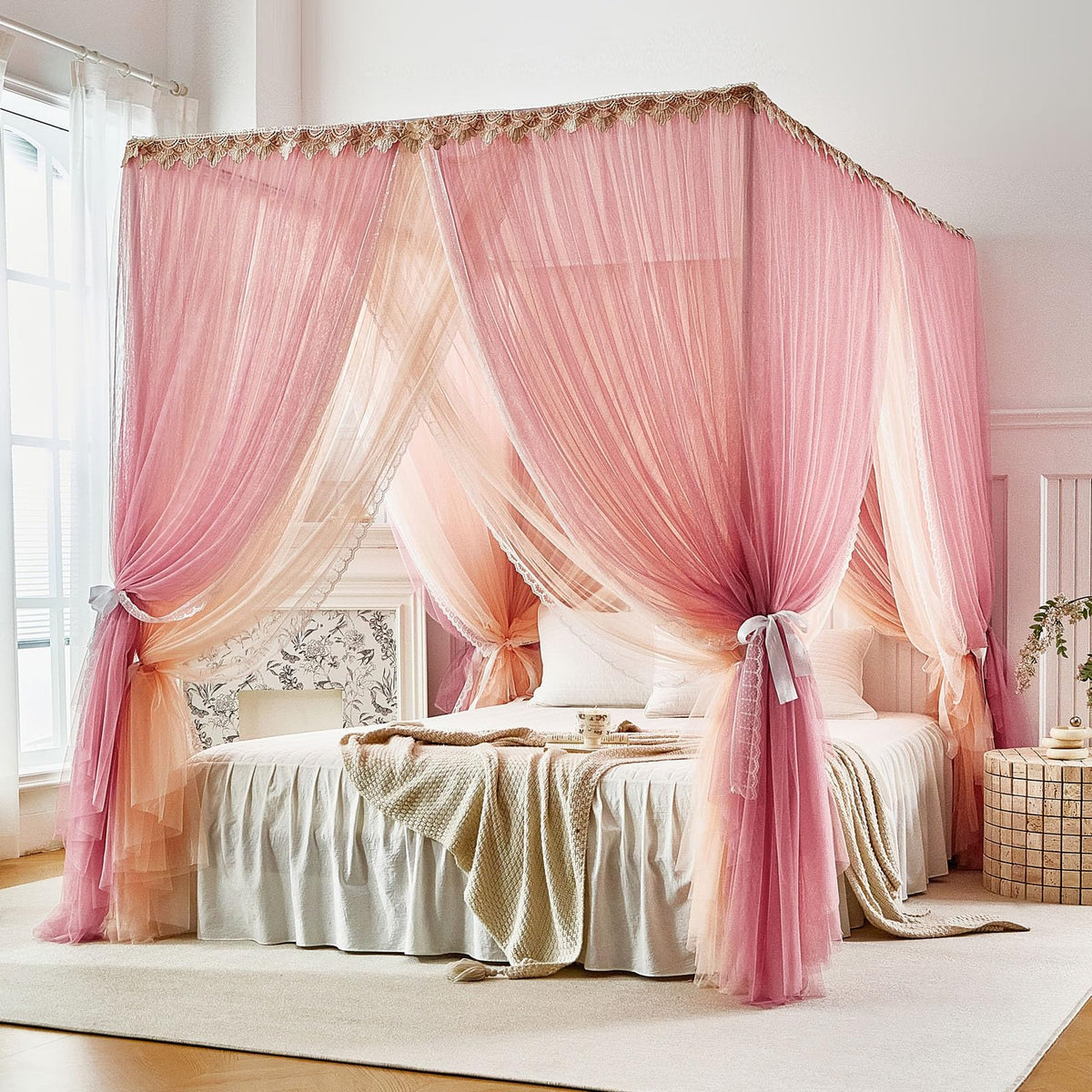 AIKASY Double Layer Canopy Bed Curtains with Mosquito Net, Princess Style Sheer Bed Canopy with Tiebacks, 4 Corner Bed Curtains for Girls Bedroom Decoration (White,Queen)