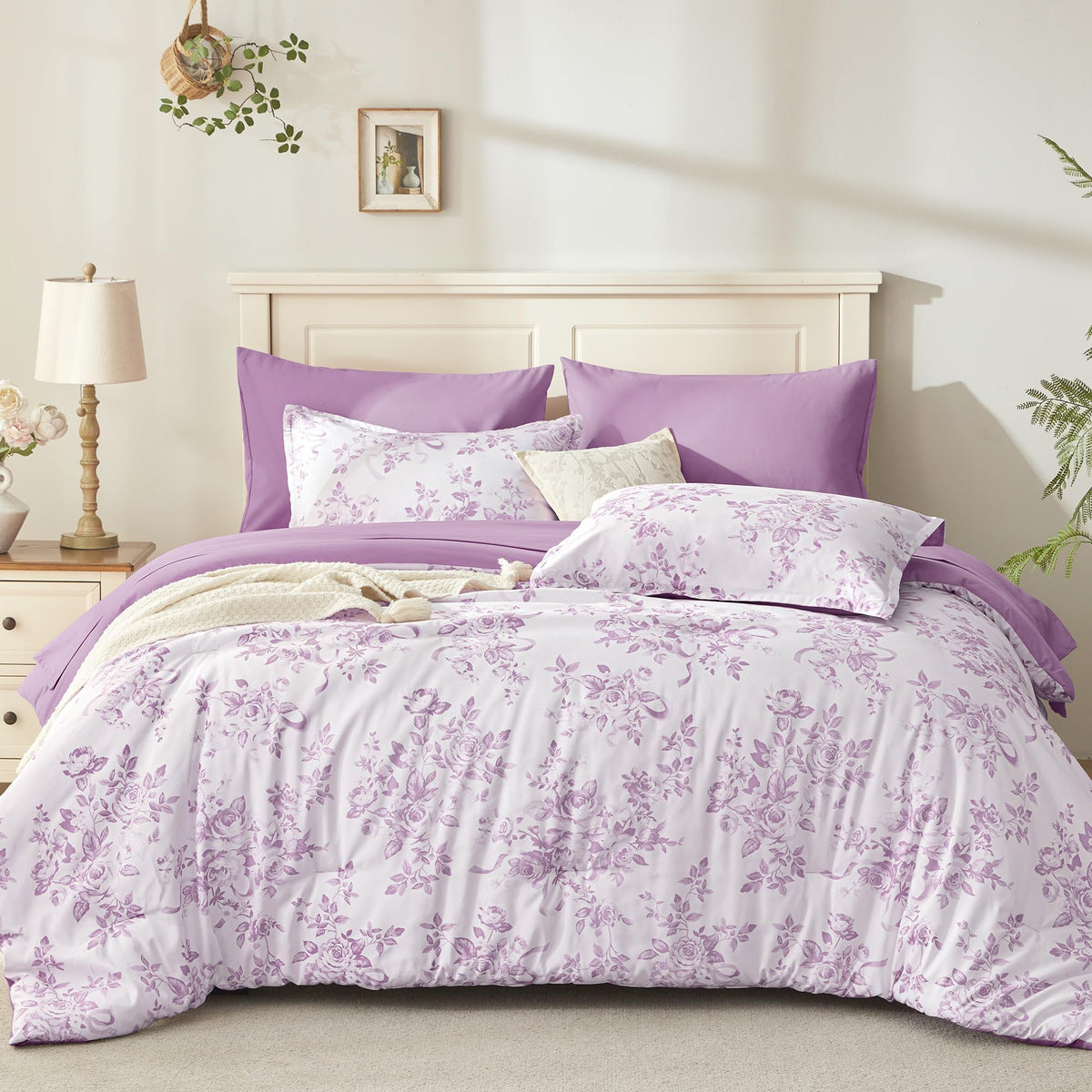 Andency Floral Comforter Queen Set, 7 Pieces Green Rose Flower Bedding Set