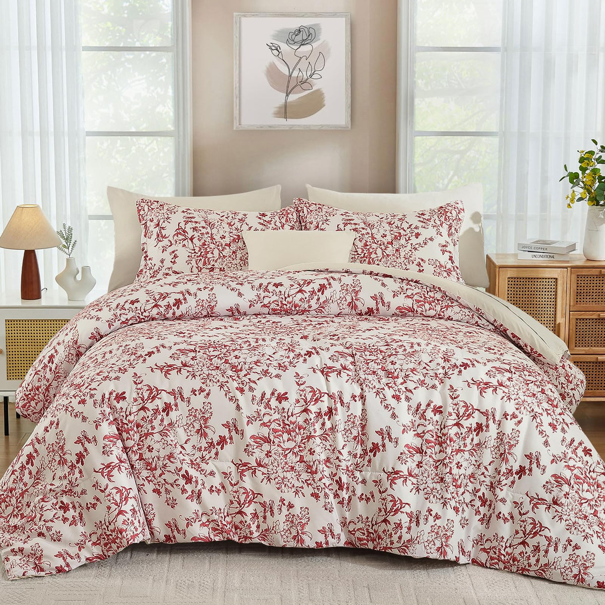 WONGS BEDDING Queen Size Comforter Set, 8 Pieces Pink Floral Bed in a Bag Comferter Sets, Botanical Print Soft Fluffy Microfiber Complete Bedding Sets for All Season (90"x90")
