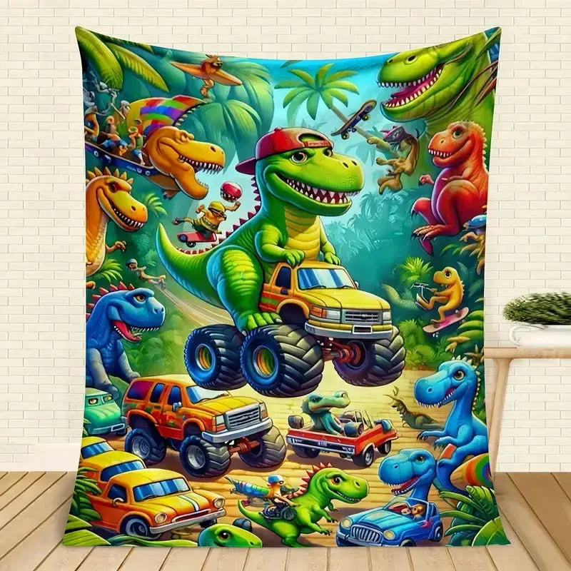 Cartoon Dinosaur Pattern Blanket, Soft Flannel Throw for Home & Office Use, Warm Nap Blanket for Air All Seasons Blankets Throw Blanket Birthday Anniversary Holiday Christmas Halloween
