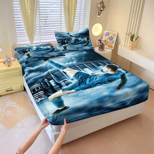 3Pcs Soccer Theme Fitted Sheet Set, Blue Print Bedding Set, Bed Sheets Set, Soft Microfiber Fabric, Cozy Breathable, All Season Use, for Bedroom, Dorm, Guest Room, Great for Sports Lovers. Includes 2 Pillowcases, No Pillow Core