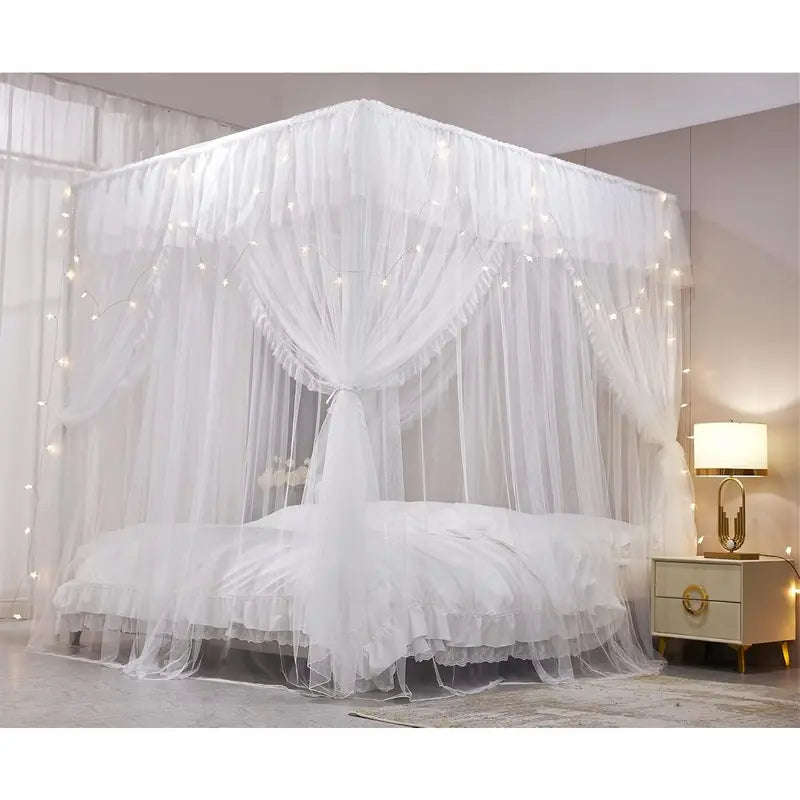 4 Corners  Ruffle Princess Bed Canopy Curtain-Double Layer Cozy Drape Netting 4 Opening Mosquito Net for Girls Adults Bedroom Decoration (White/White, 78" W*86" L*82"*H/())