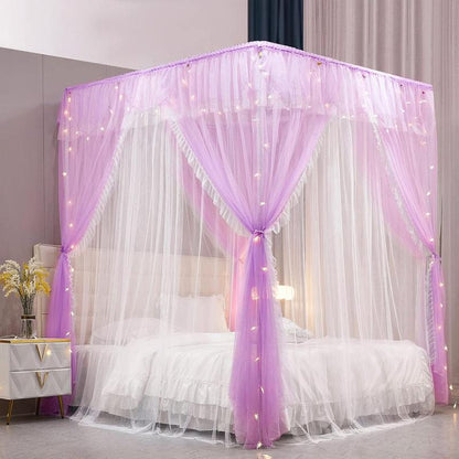 4 Corners  Ruffle Princess Bed Canopy Curtain-Double Layer Cozy Drape Netting 4 Opening Mosquito Net for Girls Adults Bedroom Decoration (White/White, 78" W*86" L*82"*H/())