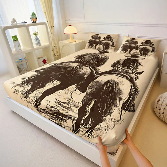 Vintage Western Cowboy Horse Print 3‑Piece Fitted Sheet Set, No Filling Included, Soft Bedding Set, Polyester Bedding, Wild West Rustic Vibe Decor for Western Style Master Bedroom, Cowboy Man Cave, Ranch Farm Suite