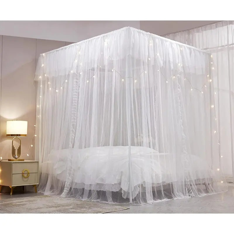 4 Corners  Ruffle Princess Bed Canopy Curtain-Double Layer Cozy Drape Netting 4 Opening Mosquito Net for Girls Adults Bedroom Decoration (White/White, 78" W*86" L*82"*H/())