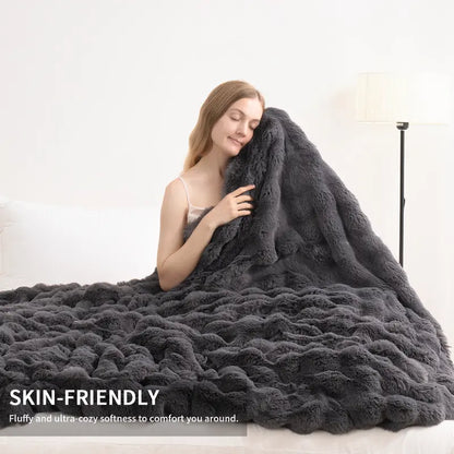 500GSM Faux Rabbit Fur Plush Blanket, Ultra Soft Fluffy Plush Throw for Stress & Anxiety Relief, Thick Warm Cozy Blanket for Couch, Bed, Travel & Relaxation, Oversized, Cozy, Soft Warm Throw
