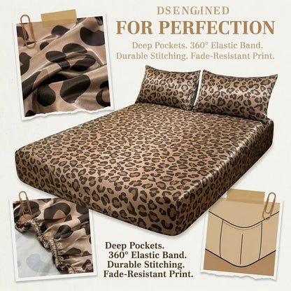 2/3-Piece Leopard Print Satin Bedding Set – Soft Breathable Fitted Sheet & Pillowcases, Deep Pocket, All-Season Comfort for Home Hotel style Bedroom Decor