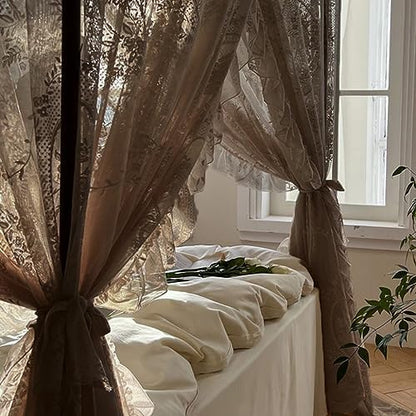 Elegant Rustic Style Lace, 4 Corner Post Mosquito Net for Girls Women Bed Curtain Canopy for Adult Wedding (Coffee,Full)