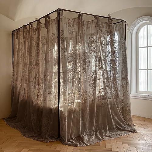 Elegant Rustic Style Lace, 4 Corner Post Mosquito Net for Girls Women Bed Curtain Canopy for Adult Wedding (Coffee,Full)