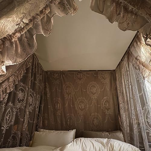 Elegant Rustic Style Lace, 4 Corner Post Mosquito Net for Girls Women Bed Curtain Canopy for Adult Wedding (Coffee,Full)