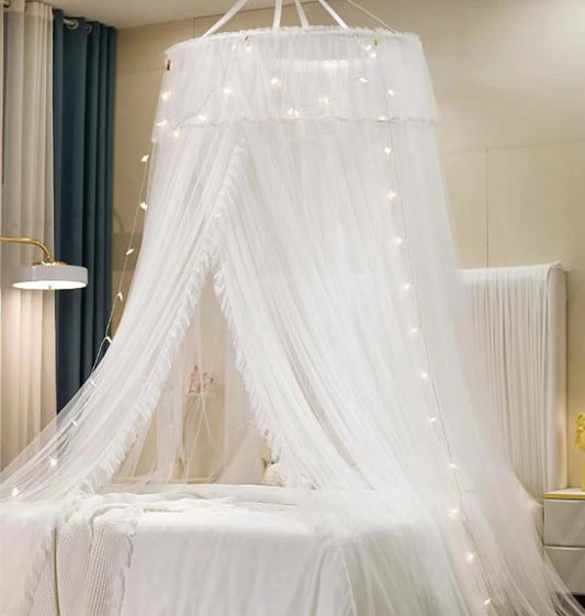 VETHIN Princess Bed Canopy for Girls Double Layer Sheer Mesh Dome Elegant Lace Mosquito Net Bed Curtain for Full Queen King Bed(White/White)