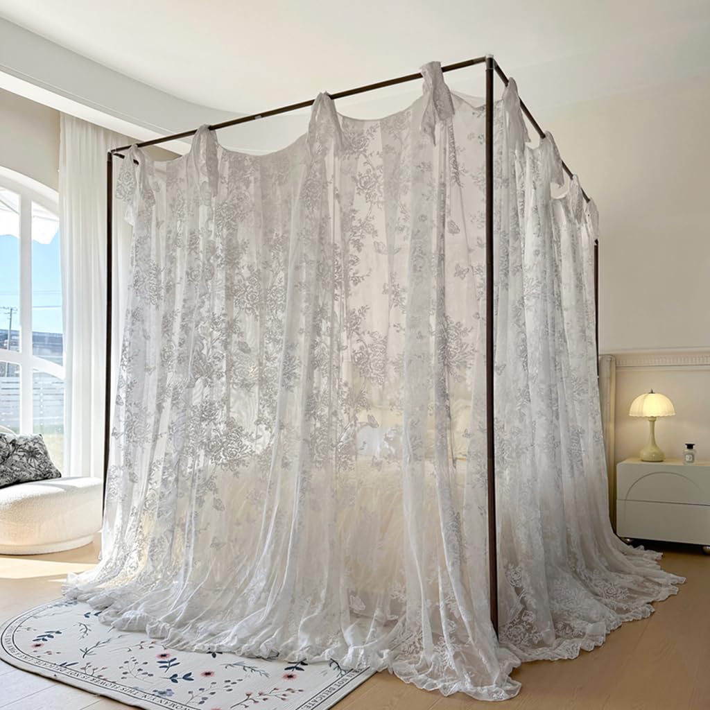 Elegant Lace Princess 4 Corner Post Mosquito Net Romantic for Girls Women Bed Curtain Canopy for Adults Wedding Bedroom Kids Rooms Decoration (Coffee-2, Full)