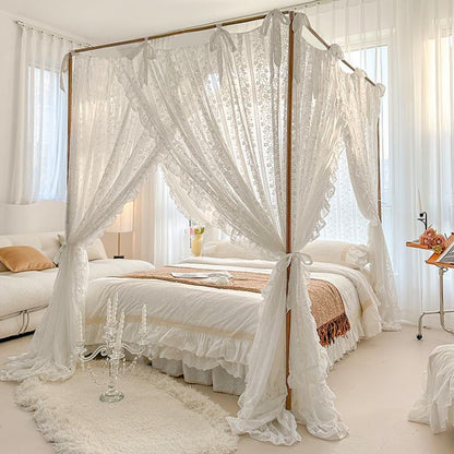 Elegant Lace Princess 4 Corner Post Mosquito Net Romantic for Girls Women Bed Curtain Canopy for Adults Wedding Bedroom Kids Rooms Decoration (Coffee-2, Full)