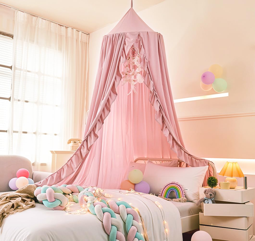 Mengersi Bed Canopy for Girls Kids,Double Canopy Bed Curtains Round Dome Mosquito Net Castle Play Tent Castle for Girls Room Decor (Ivory/Double)