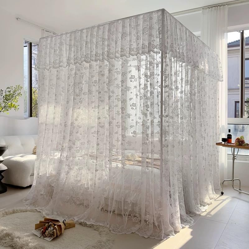 Elegant Lace Princess 4 Corner Post Mosquito Net Romantic for Girls Women Bed Curtain Canopy for Adults Wedding Bedroom Kids Rooms Decoration (Coffee-2, Full)
