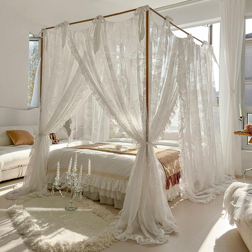 Elegant Lace Princess 4 Corner Post Mosquito Net Romantic for Girls Women Bed Curtain Canopy for Adults Wedding Bedroom Kids Rooms Decoration (Coffee-2, Full)