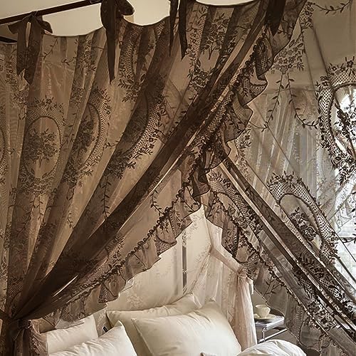 Elegant Rustic Style Lace, 4 Corner Post Mosquito Net for Girls Women Bed Curtain Canopy for Adult Wedding (Coffee,Full)