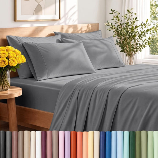 Bare Home Sheet Set 1800 Ultra-Soft with 4 Pillowcases (Queen, Grey)