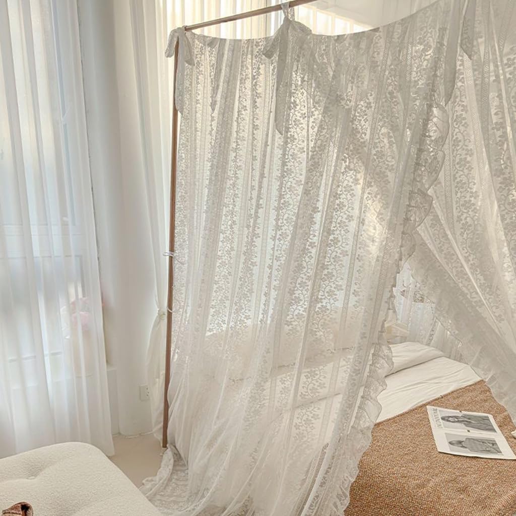 Obokidly Retro Flower Lace Mosquito Net Oldshools Fashioned Style Bed Curtain Canopy for Girls Adults Women Queen King Cal King Size Bed (White-Flowers, King), OBMCN3139