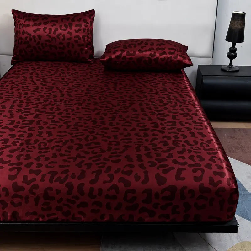 2/3-Piece Leopard Print Satin Bedding Set – Soft Breathable Fitted Sheet & Pillowcases, Deep Pocket, All-Season Comfort for Home Hotel style Bedroom Decor