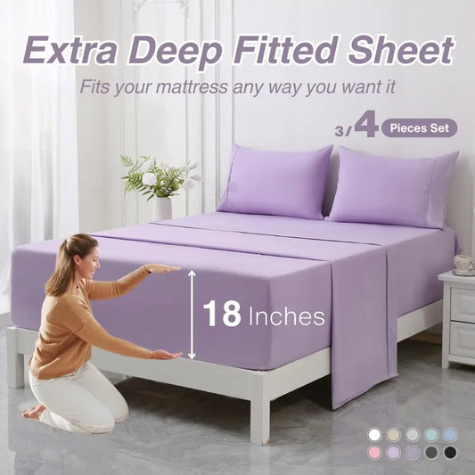 3/4pcs 20 Inch Extra Deep Pocket Bed Sheets Sets, 3000TC Fits Deep Mattress, Breathable, Hotel Luxury Bed Sheet Set - Soft, Wrinkle Free & Comfy, Pillowcase, Bed Sheet, Fitted Sheet, Twin/Full/Queen/King Local Warehouse, Breathe Easy, Deep Fit, High Threa