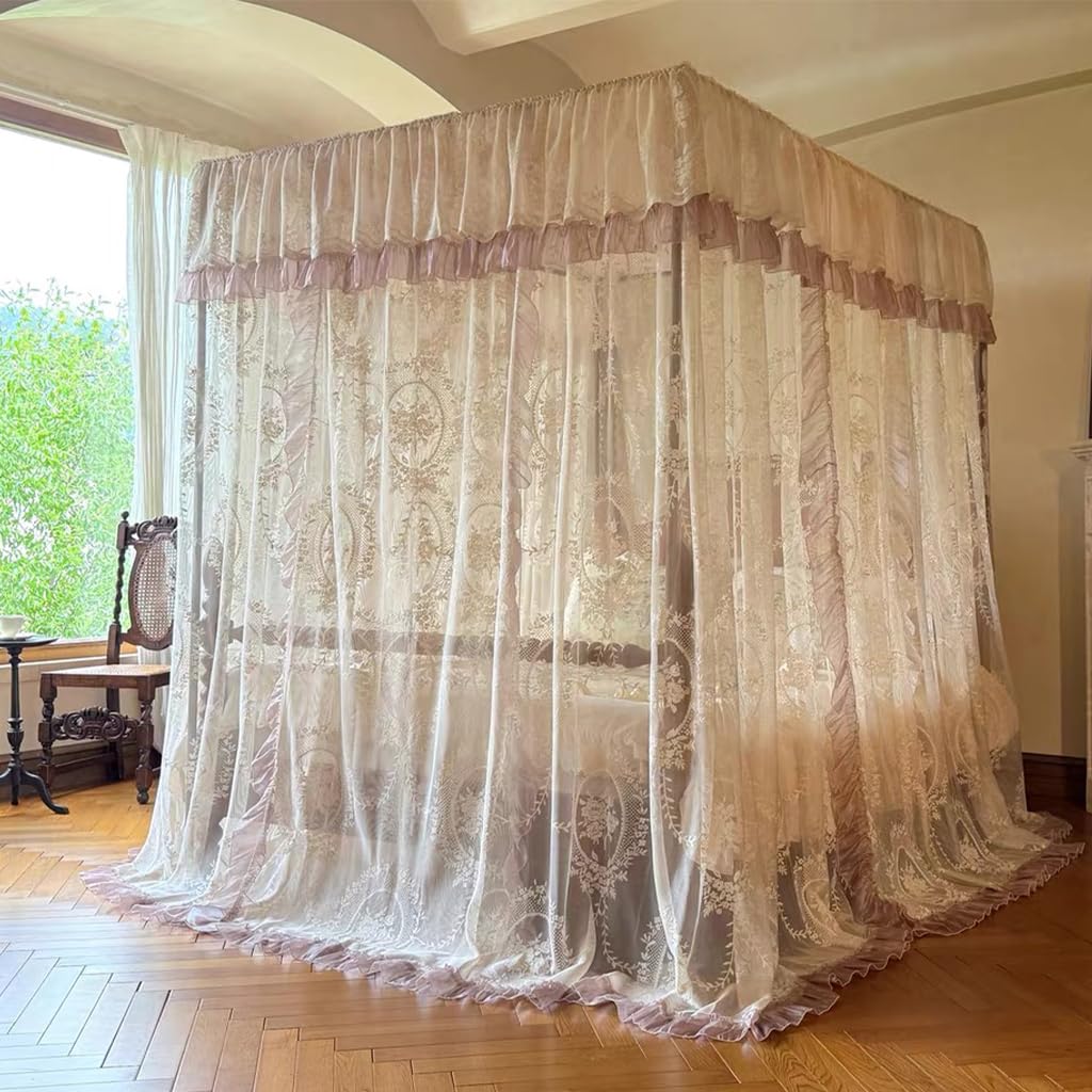 Elegant Lace Princess 4 Corner Post Mosquito Net Romantic for Girls Women Bed Curtain Canopy for Adults Wedding Bedroom Kids Rooms Decoration (Coffee-2, Full)