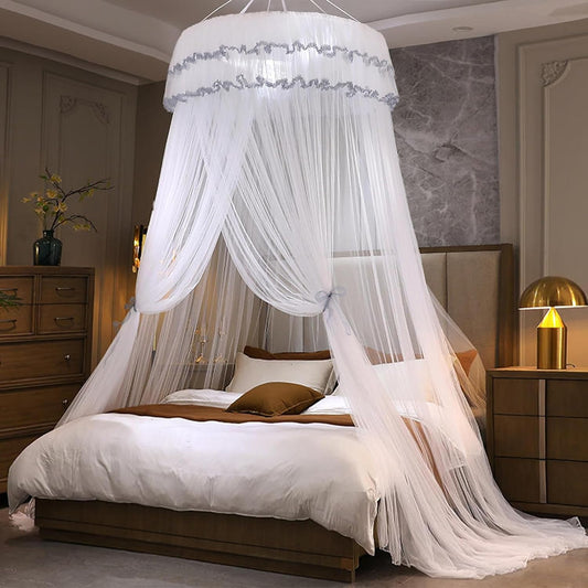 Kertnic Mosquito Net Bed Canopy for Girls, Princess Canopy Bed Curtain Fine Sheer Mesh Dome Bed Canopies, Girls & Adults Lace Tent for Twin Full Queen King Bed (White)