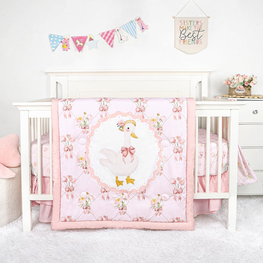 4-Piece Crib Bedding Set for Girls, Baby Nursery Bedding Sets Pink Includes Comforter, Fitted Crib Sheet, Crib Skirt, and Diaper Stacker, Soft Standard Size Crib Comforter Set, Goose