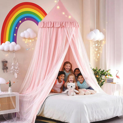 Kertnic Princess Bed Canopy for Girls, Double Layer Round Bed Mosquito Net, 31.5" Large Dome Indoor Castle Bed Tent, Sleeping & Reading Nook Curtain for Boys Girls (Beige Pink)