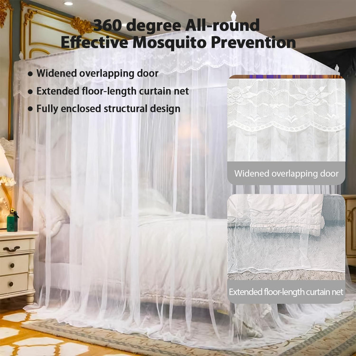 3‑Side Opening Mosquito Net Canopy with Frame, Lace Breathable Bed Curtain