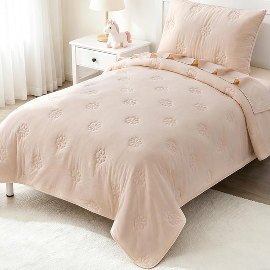 Twin Comforter Sets for Girls, Beige Embroidery Twin Bedding Sets