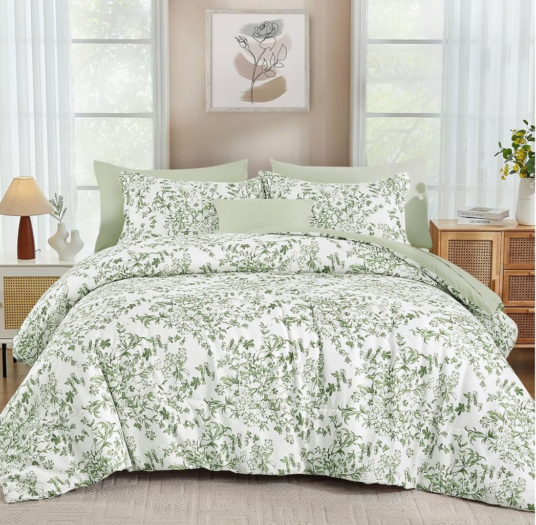 WONGS BEDDING Queen Size Comforter Set, 8 Pieces Pink Floral Bed in a Bag Comferter Sets, Botanical Print Soft Fluffy Microfiber Complete Bedding Sets for All Season (90"x90")