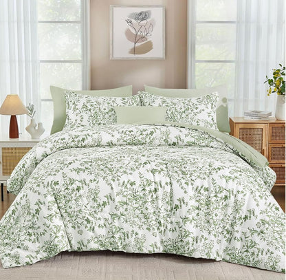 WONGS BEDDING Queen Size Comforter Set, 8 Pieces Pink Floral Bed in a Bag Comferter Sets, Botanical Print Soft Fluffy Microfiber Complete Bedding Sets for All Season (90"x90")