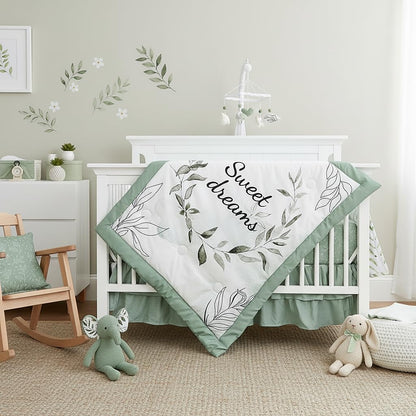 4-Piece Crib Bedding Set for Girls, Boho Baby Girl Bedding Set with Crib Skirt, Baby Quilt, Crib Sheet and Diaper Stacker, Flower